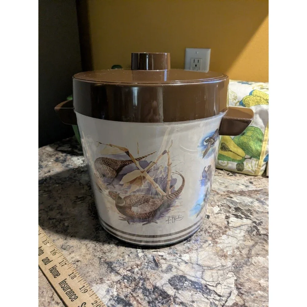 Thermo Serve Vintage Pheasants Ducks Geese Birds Ice Bucket Retro 70s Brown